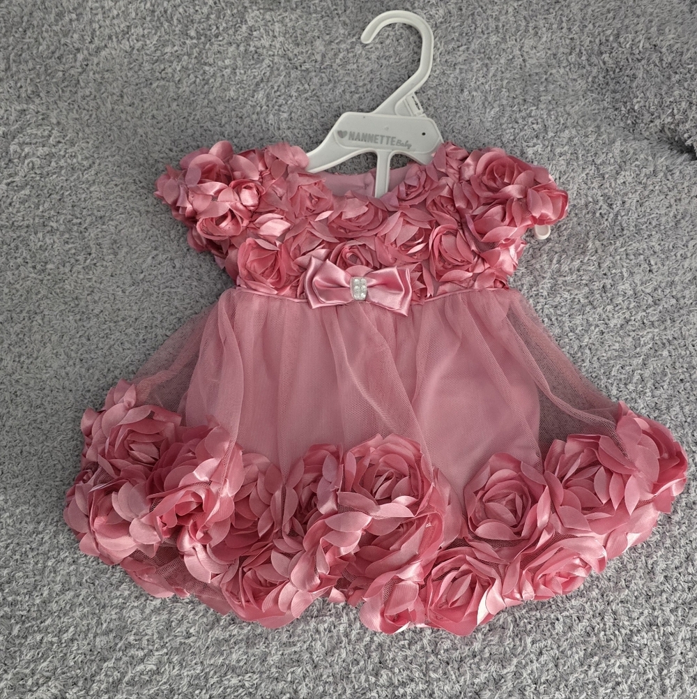Nannette Baby Pink Rosette Tulle Dress & Bloomer Set - 0/3M